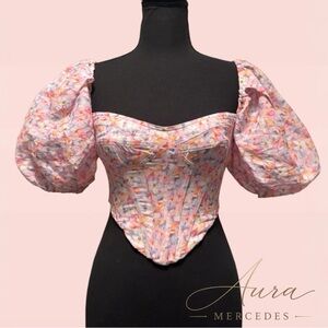 Bardot Pink Floral Puff-Sleeve Corset Top